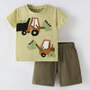 Children's Cartoon Excavator Round Neck Tee and Shorts Set - Yellow-Green