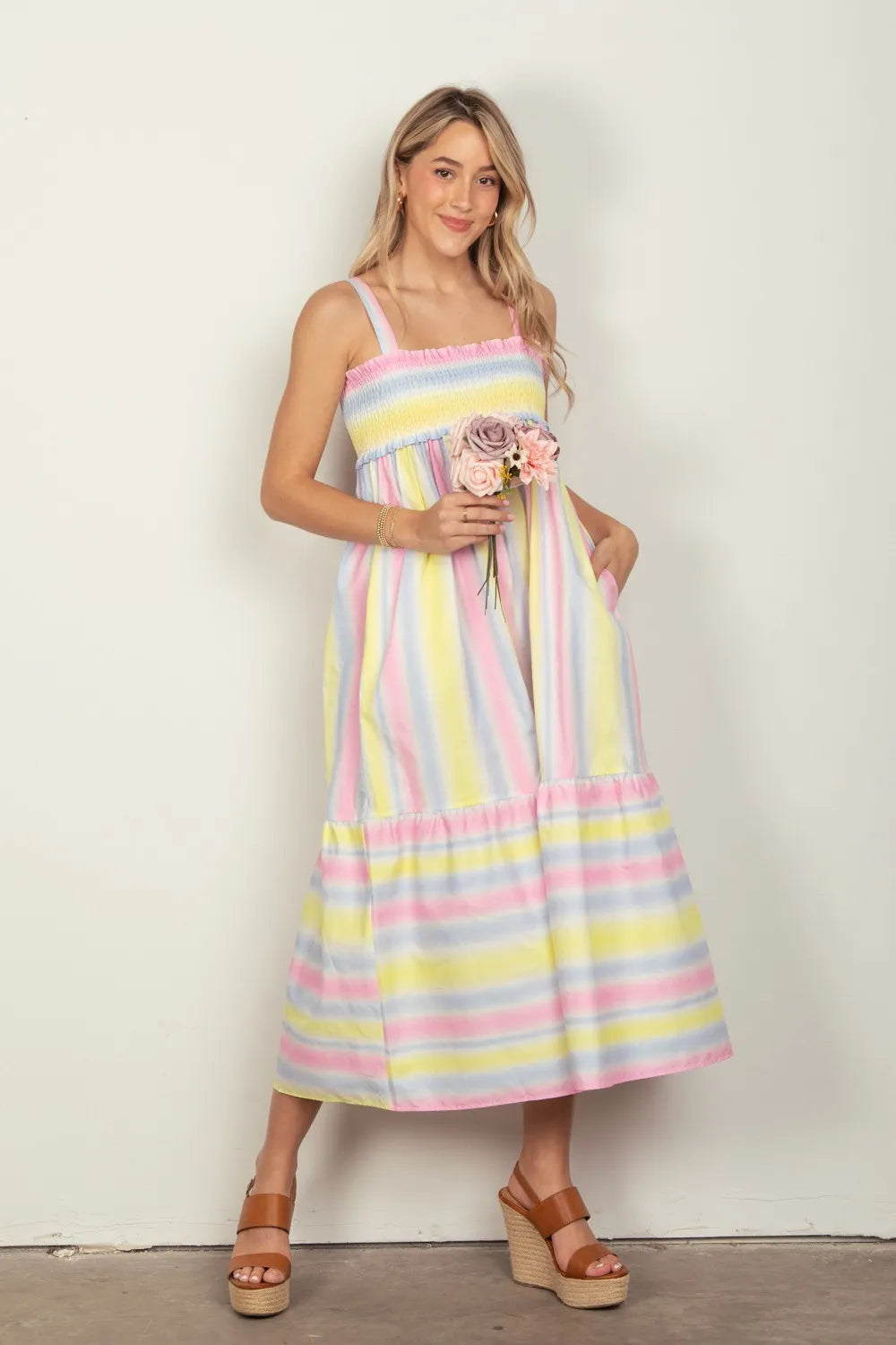VERY J Striped Woven Smocked Midi Cami Dress - Farnelli