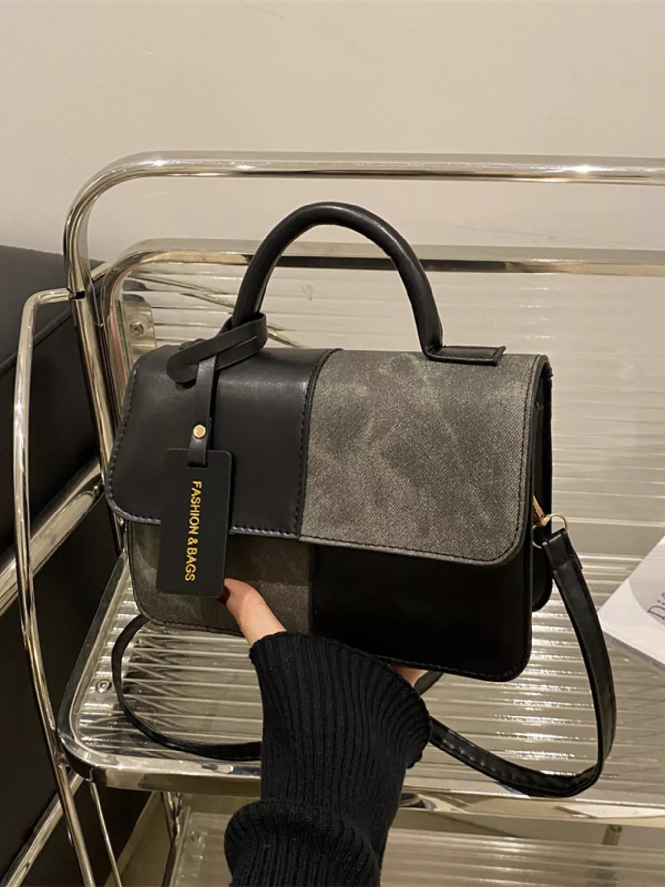 Color Block Flap Crossbody Bag with Top Handle - Farnelli