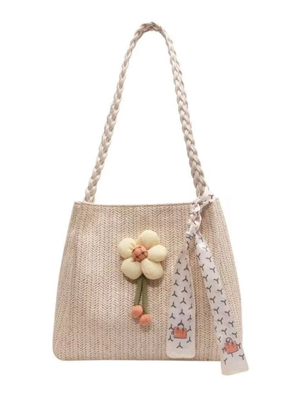 Floral Decor Woven Straw Tote Bag - Farnelli