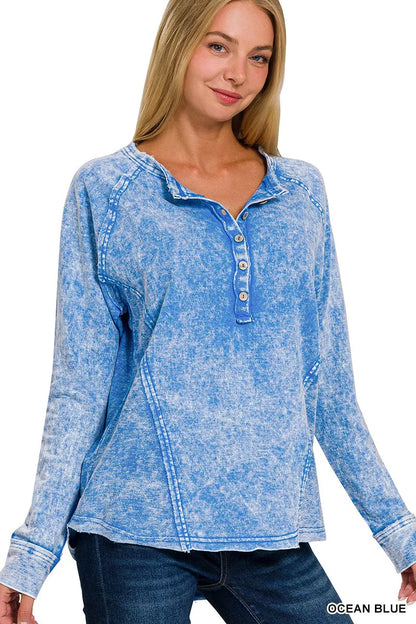 Zenana Washed French Terry Half Button Top - Farnelli