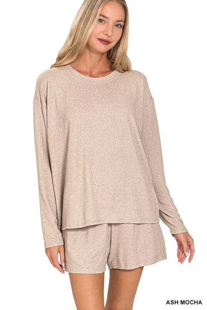 Zenana Soft Melange Long Sleeve Tee and Shorts Set - Farnelli