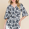 BOMBOM Floral Decorative Button V-Neck Top - Black