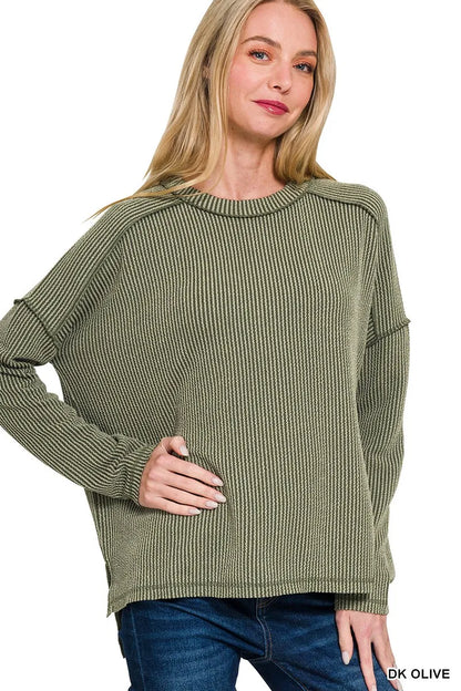 Zenana Full Size Exposed Seam Long Sleeve Corded Rib Knit Top Plus Size - Farnelli
