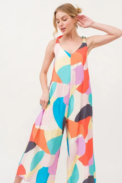 And The Why Tied Shoulder Straps Wide-Leg Geo Print Jumpsuit - Farnelli