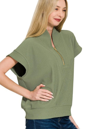 Zenana Ribbed High Neck Half Zip Top - Farnelli