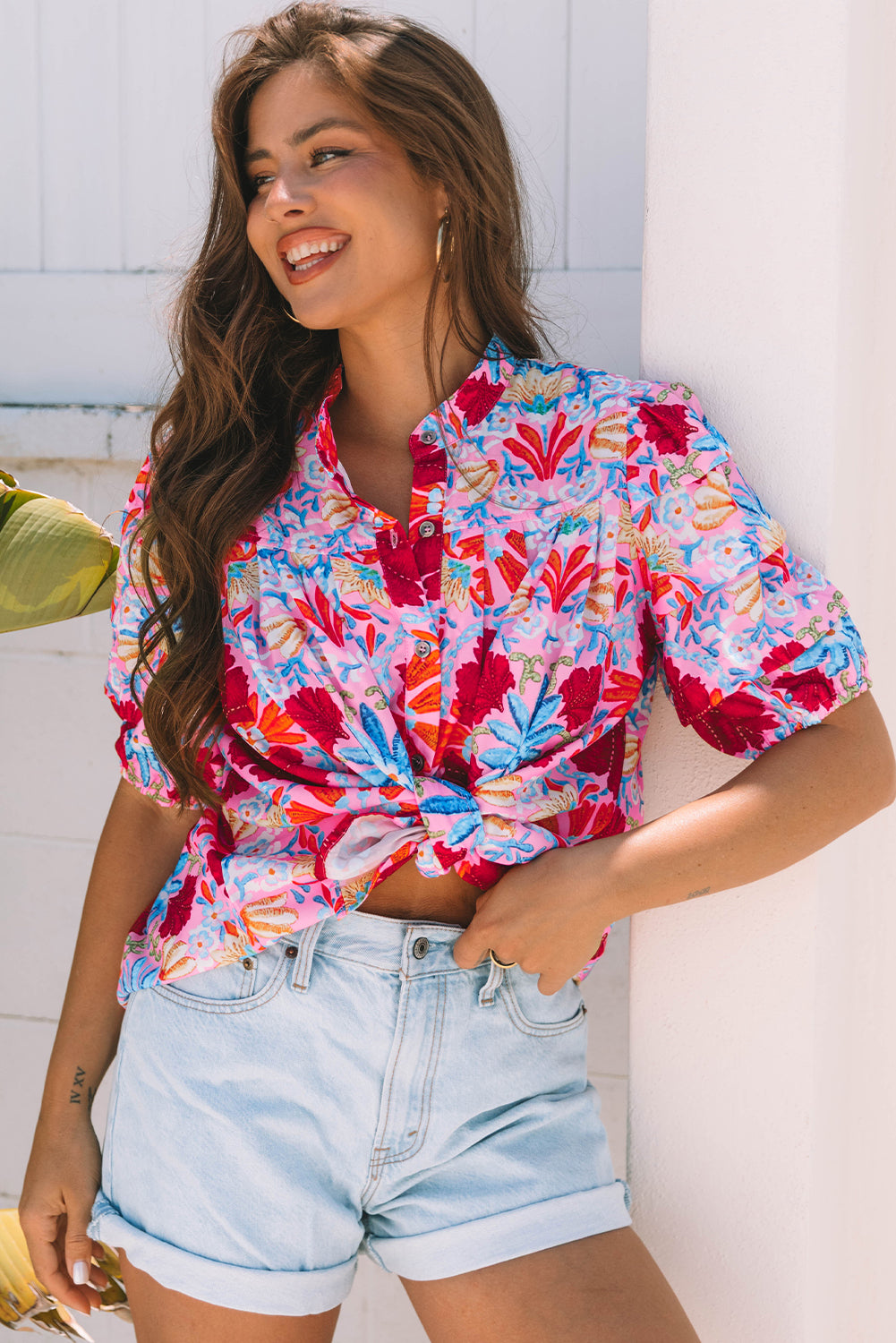 Mikaela Floral Bubble Sleeve Button Up Pleated Shirt - Farnelli