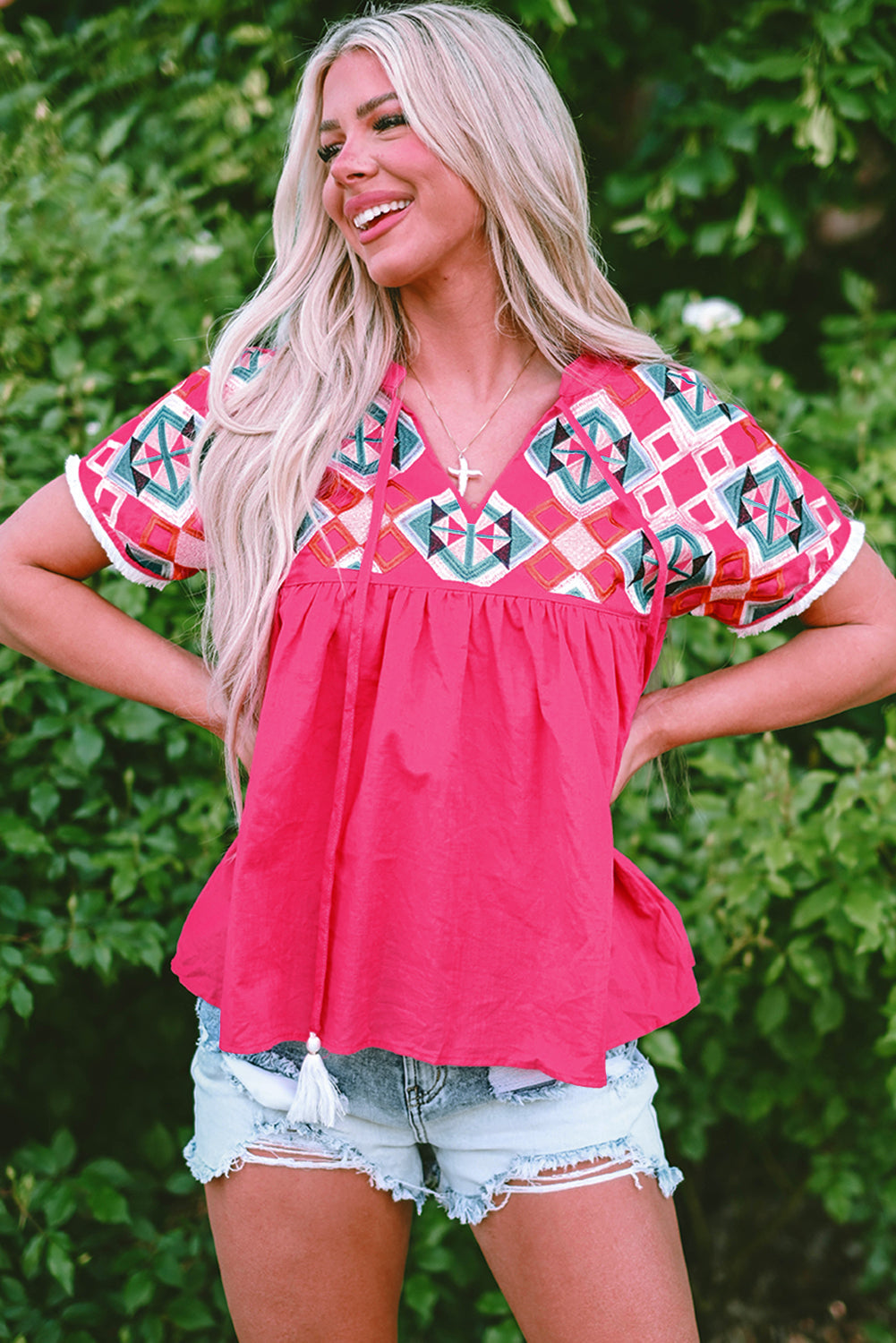 Zayla Embroidered Tassel Tie V Neck Blouse - Farnelli