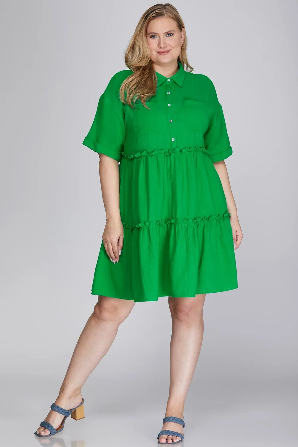 She + Sky Full Size Button Front Frill Tiered Mini Dress Plus Size - Farnelli