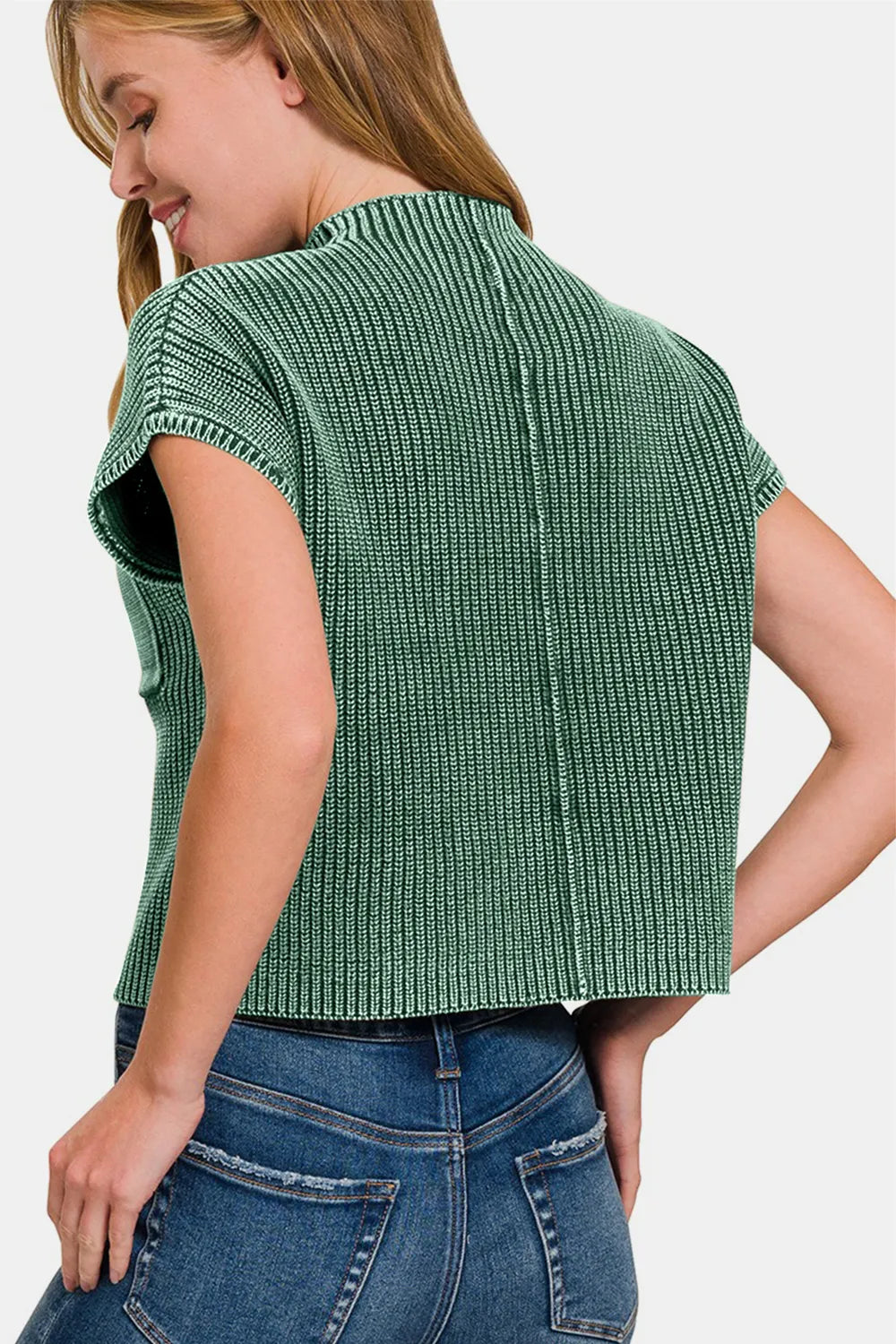 Zenana Washed Mock Neck Short Sleeve Cropped Sweater - Farnelli