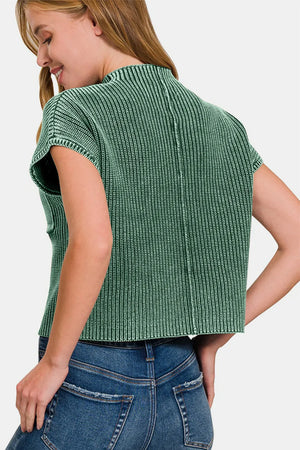Zenana Washed Mock Neck Short Sleeve Cropped Sweater - Farnelli