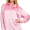 Zenana Satin Button Down Long Sleeve Shirt - PINK