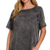 Zenana Back Patch Crinkle Washed Raglan Sleeve T-Shirts - ASH BLACK