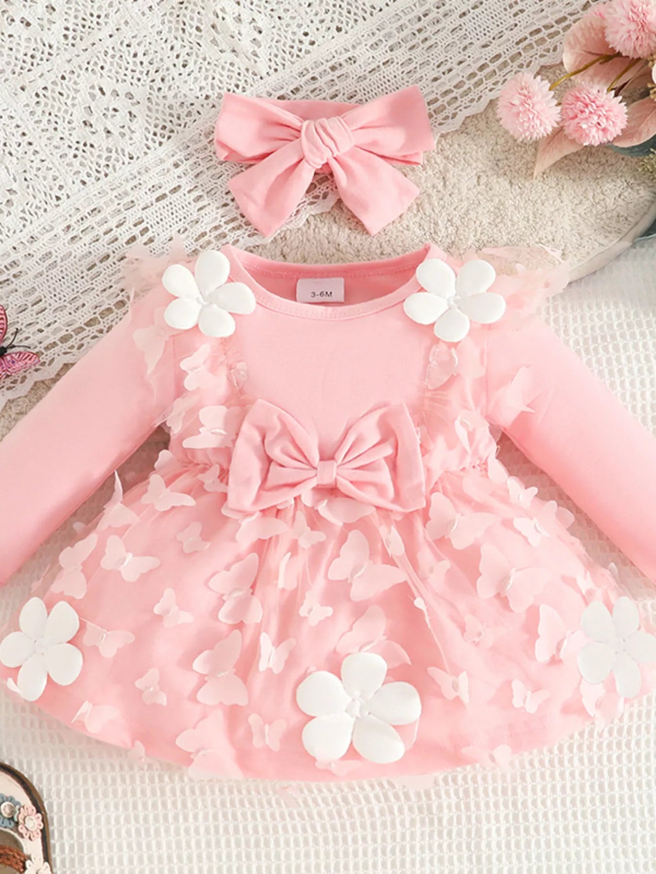 Children's Butterfly Decor Flower Applique Dress with Headband - Farnelli