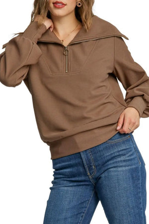 Umgee Full Size Ribbed Knit Half Zipper Sweatshirt Plus Size - Farnelli
