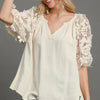 Umgee Full Size French Terry Boxy Cut Top with 3D Floral Sleeve Plus Size - OATMEAL