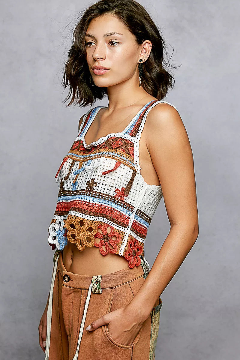 POL Cutout Flower Cropped Crochet Cami with with Dangle Detail - Farnelli