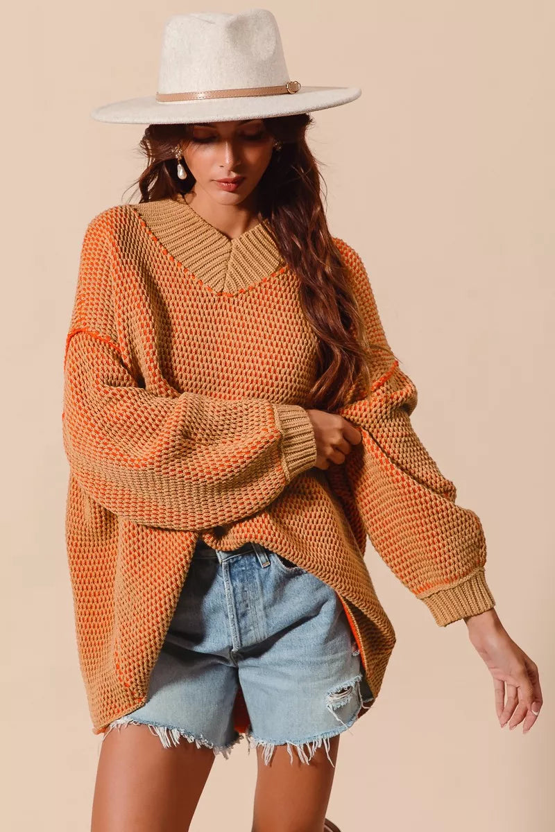 SO ME Oversized Two Tone Textured V Neck Sweater - Farnelli