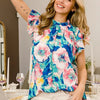 BiBi Floral Round Neck Ruffled Cap Sleeve Blouse - PINK/MINT