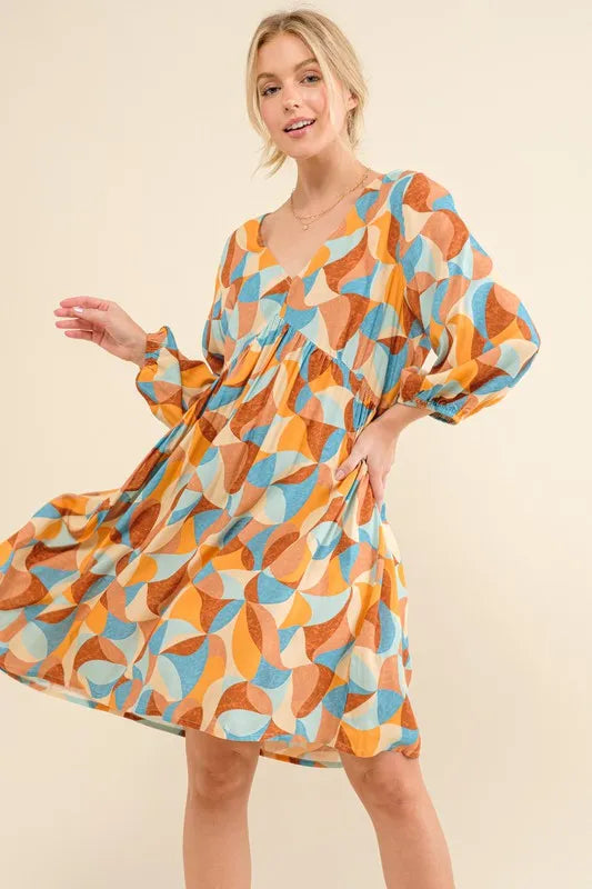 And The Why Printed Open Back Puff Sleeve Casual Dress - Farnelli