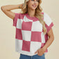 Double Take Full Size Checkered Round Neck Short Sleeve Sweater - Farnelli
