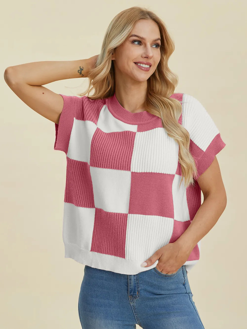 Double Take Full Size Checkered Round Neck Short Sleeve Sweater - Farnelli