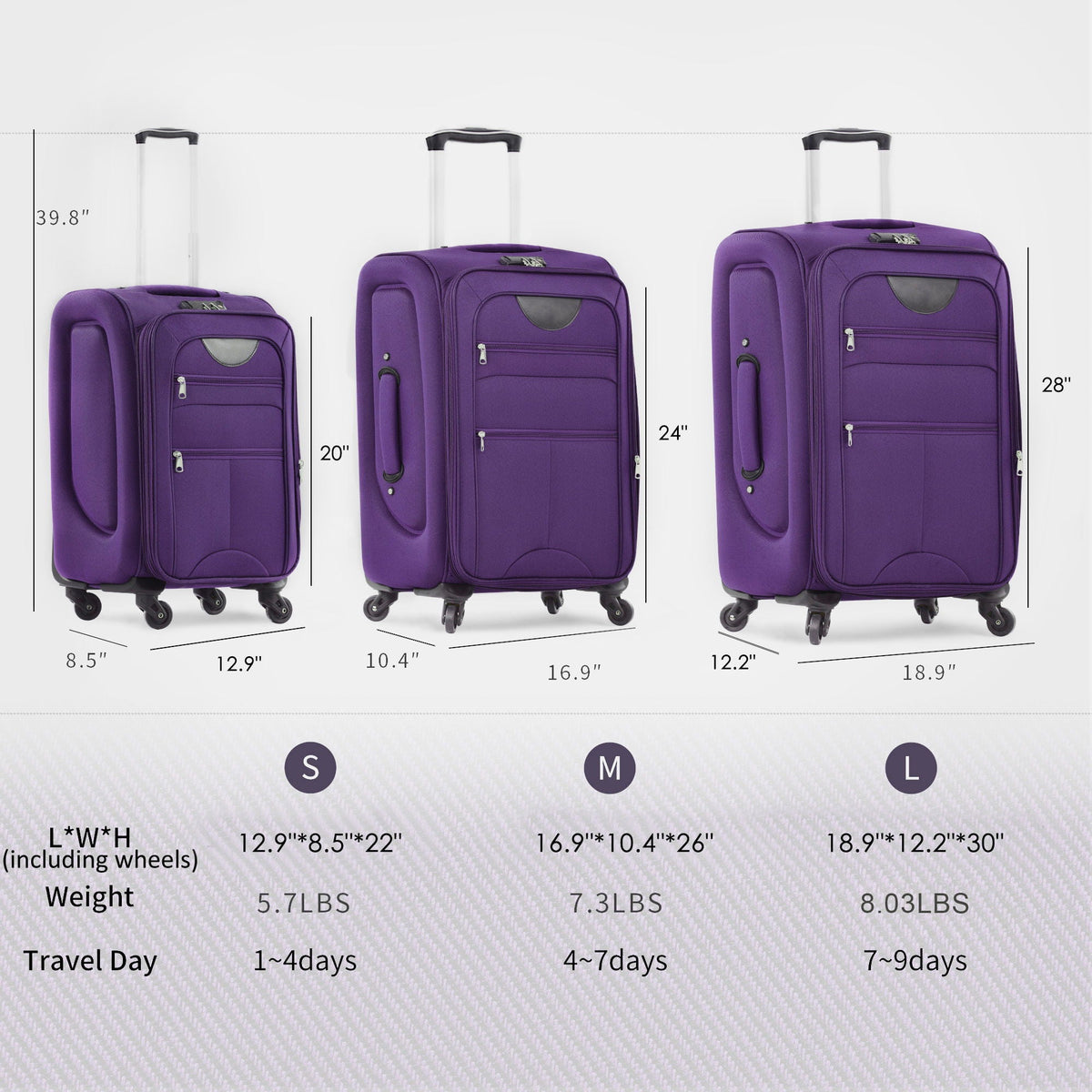 HouseOfZazla expandable softside luggage 3-piece set with spinner wheels in multiple colors