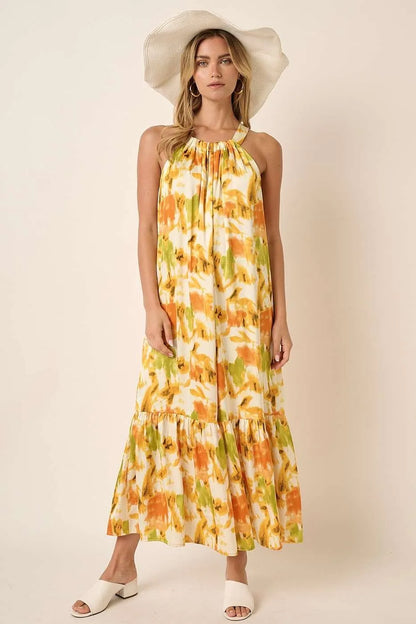Mittoshop Watercolor Print Halter Neck Satin Maxi Dress - Farnelli