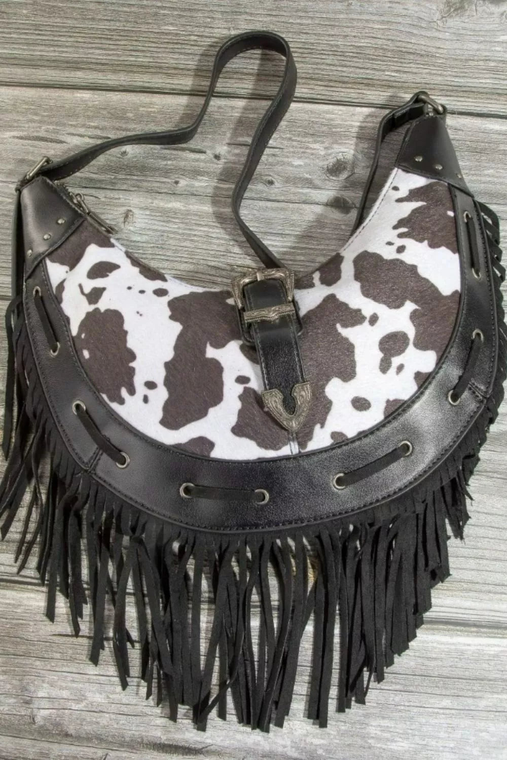 Fame Cow Print Faux Leather Fringe Hobo Bag - Farnelli
