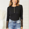 Double Take Crochet Lace Hem Sleeve Button Top - Black