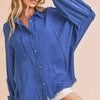 Aemi + Co Raw Edge Exposed Seam Collared Neck Long Sleeve Shirt - Royal Blue