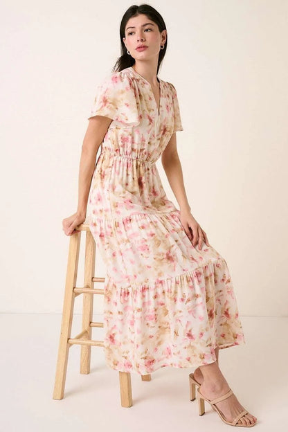 Mittoshop Flower Print Flutter Sleeve V Slit Maxi Dress - Farnelli