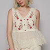 POL Embroidered Detail V-Neck Eyelet Peplum Tank - Cream