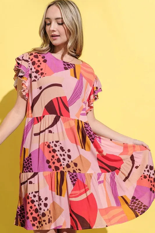And The Why Printed Double Ruffles Sleeve Dress - Farnelli
