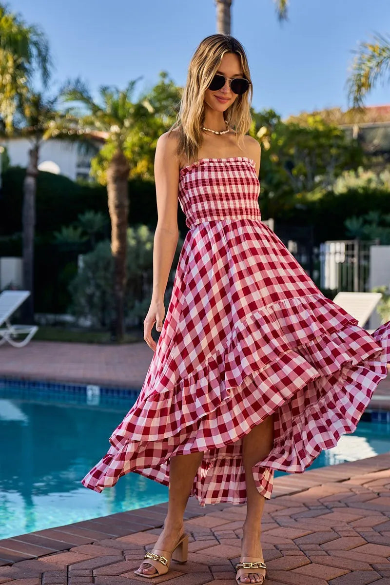 BiBi Smocked Body Off Shoulder Check Dress - Farnelli