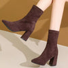 Point Toe Block Heels Boots - Chocolate