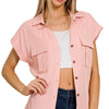 Zenana Tencel V-neck Collared Top W Front Flap Pockets - LT ROSE