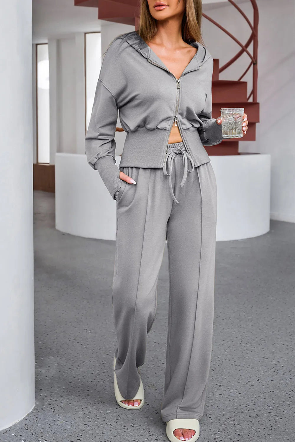 Dropped Shoulder Hoodie and Drawstring Pants Active Set - Farnelli