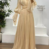Pleated Mock Neck Long Sleeve Maxi Dress - Apricot
