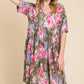 BOMBOM Flower Print V-Neck Ruched Dress - Farnelli