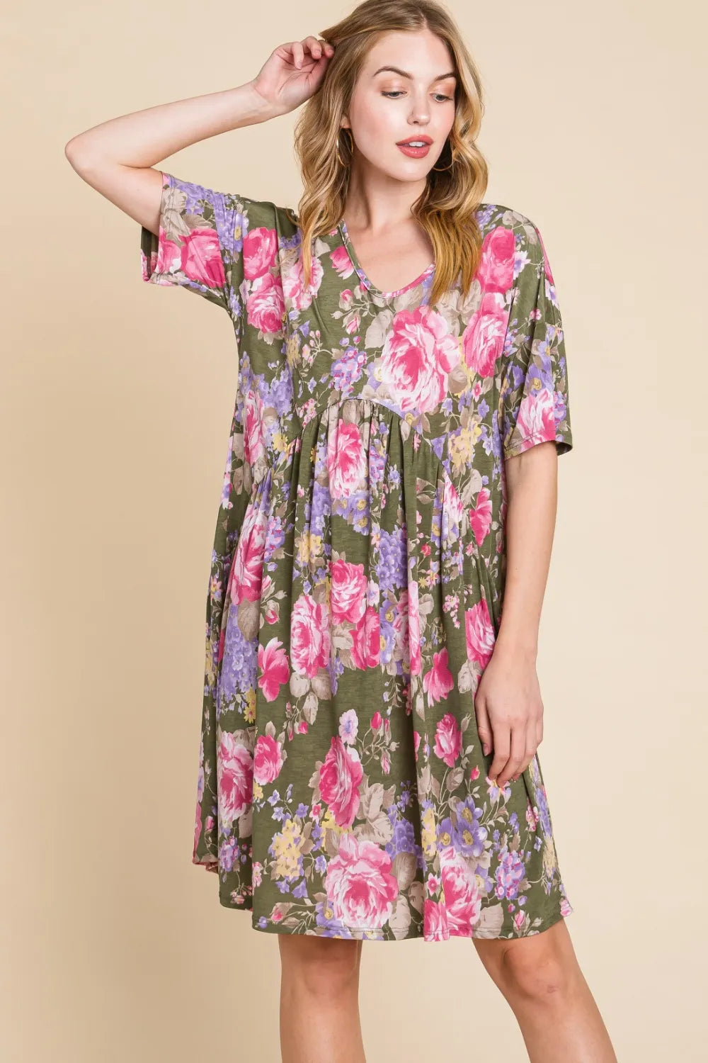 BOMBOM Flower Print V-Neck Ruched Dress - Farnelli