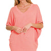 Zenana Raised Rib V-Neck Batwing Top - CORAL