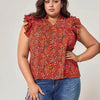 Double Take Floral Flutter Sleeve Notched Neck Blouse - Orange-Red
