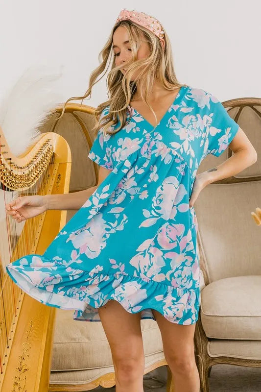 BiBi Floral Crinkle Shirred Ruffle Detail V Neck Dress - Farnelli