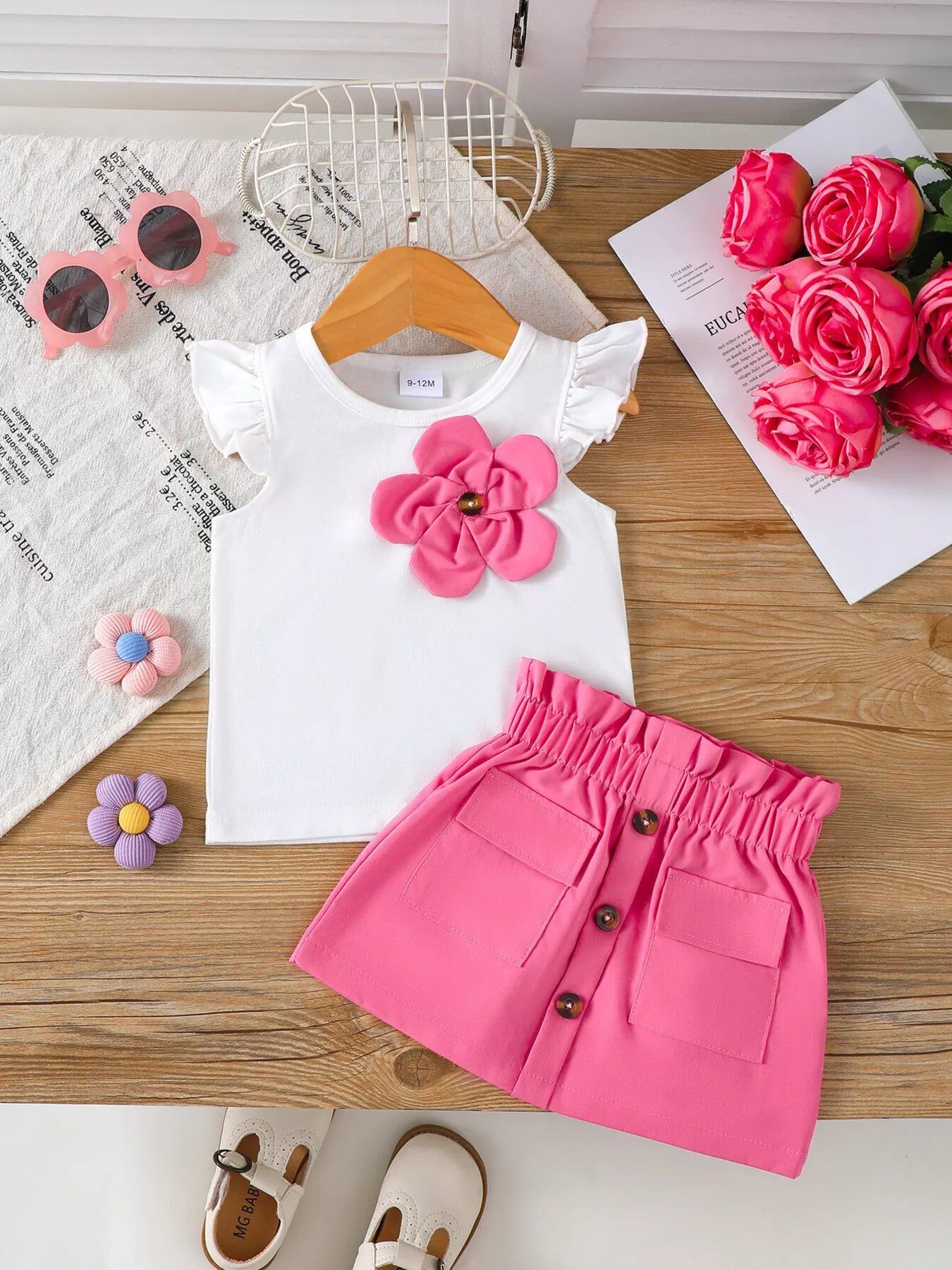 Children's Floral Applique Ruffle Sleeve Top & Skirt Set - Farnelli