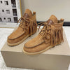 Fringe Studded Round Toe Canvas Boots - Brown