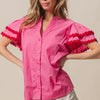 BiBi Dot Trim Flutter Sleeve Notched Top - FUCHSIA/RED