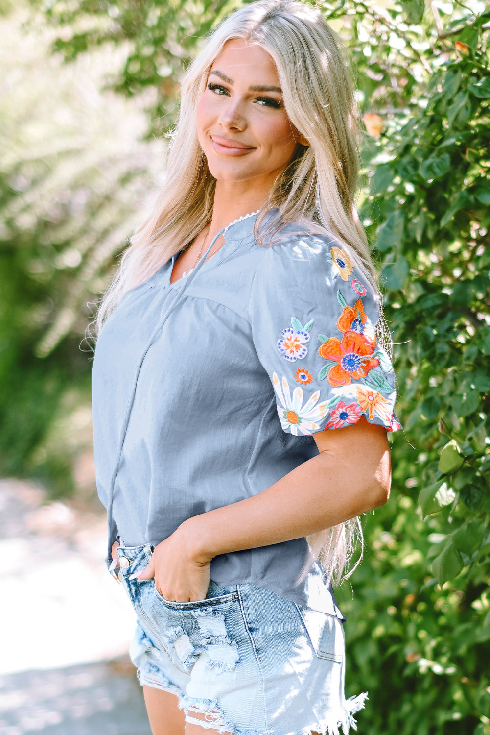 Hadlee Floral Embroidered Puff Sleeve Split Neck Blouse - Farnelli