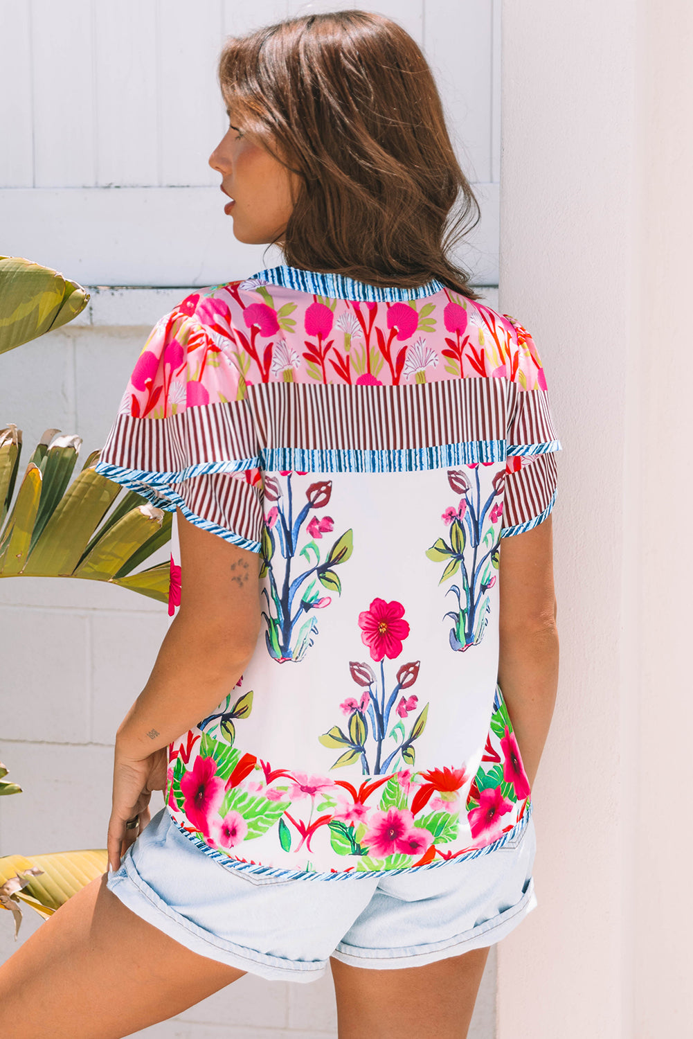 Maya Floral Striped Split Neck Blouse - Farnelli