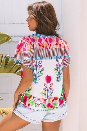 Maya Floral Striped Split Neck Blouse - Farnelli